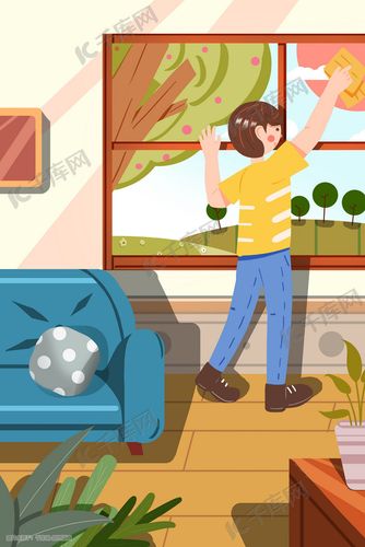 51劳动节青年打扫卫生擦窗户做清洁插画图片-千库网